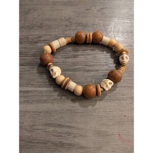 Unbranded Wood‎ Skull Beaded Stretch Bracelet Brown Cream Boho Tribal Gothic